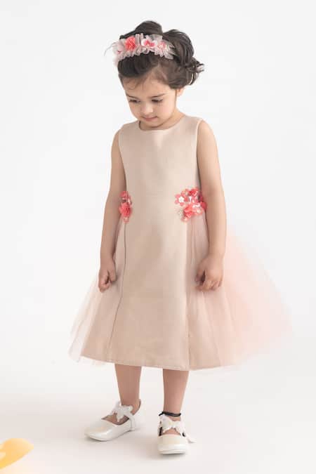 A Little Fable Peach Polyester Fabric Flowers 3d Floral Applique Dress Online at Aza Fashions A Little Fable_Peach Polyester Fabric Flowers 3d Floral Applique Dress _Online_at_Aza_Fashions