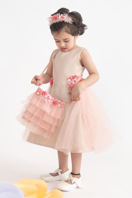 Buy A Little Fable Peach Polyester Fabric Flowers 3d Floral Applique Dress Online at Aza Fashions Buy_A Little Fable_Peach Polyester Fabric Flowers 3d Floral Applique Dress _Online_at_Aza_Fashions