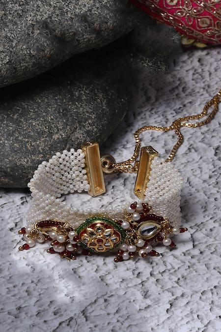 Shop Dugran By Dugristyle Gold Plated Pearls, Rhinestones Kundan Multi-chain Bracelet at Aza Fashions Shop_Dugran By Dugristyle_Gold Plated Pearls, Rhinestones Kundan Multi-chain Bracelet _at_Aza_Fashions