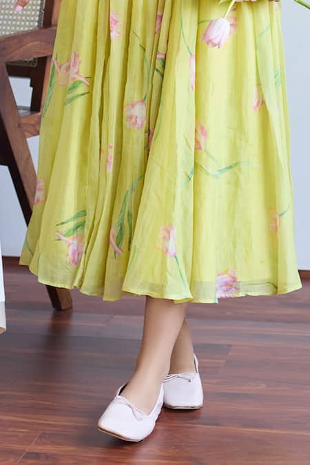 Buy_Juanita By Shubhda_Yellow Chanderi Tulip Print Skirt _Online_at_Aza_Fashions