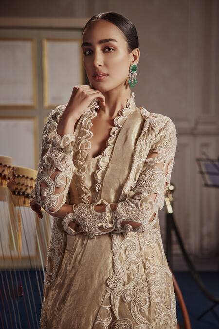 Ridhima Bhasin_Gold Tissue, Silk Cut Work, Sequins, Embellished Pre-draped Saree And Jacket Set _Online_at_Aza_Fashions