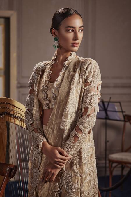 Buy_Ridhima Bhasin_Gold Tissue, Silk Cut Work, Sequins, Embellished Pre-draped Saree And Jacket Set _Online_at_Aza_Fashions