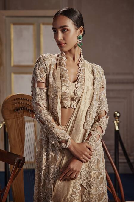 Shop_Ridhima Bhasin_Gold Tissue, Silk Cut Work, Sequins, Embellished Pre-draped Saree And Jacket Set _Online_at_Aza_Fashions