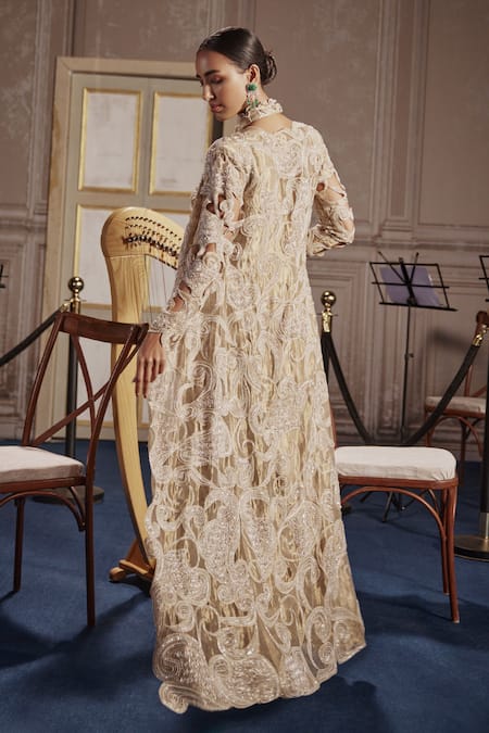 Shop_Ridhima Bhasin_Gold Tissue, Silk Cut Work, Sequins, Embellished Pre-draped Saree And Jacket Set _at_Aza_Fashions