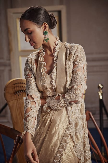 Ridhima Bhasin_Gold Tissue, Silk Cut Work, Sequins, Embellished Pre-draped Saree And Jacket Set _at_Aza_Fashions