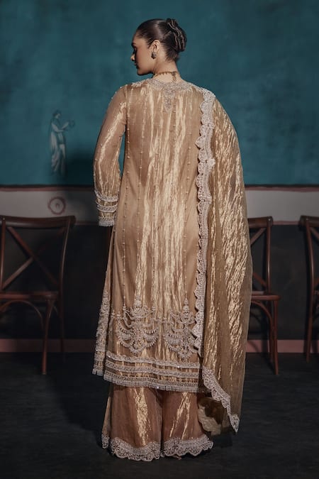 Shop Ridhima Bhasin Gold Silk, Tissue Cut Work, Embroidery, Pearls Kurta Sharara Set at Aza Fashions Shop_Ridhima Bhasin_Gold Silk, Tissue Cut Work, Embroidery, Pearls Kurta Sharara Set _at_Aza_Fashions