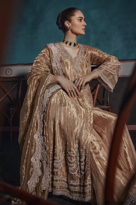 Ridhima Bhasin Gold Silk, Tissue Cut Work, Embroidery, Pearls Kurta Sharara Set Online at Aza Fashions Ridhima Bhasin_Gold Silk, Tissue Cut Work, Embroidery, Pearls Kurta Sharara Set _Online_at_Aza_Fashions