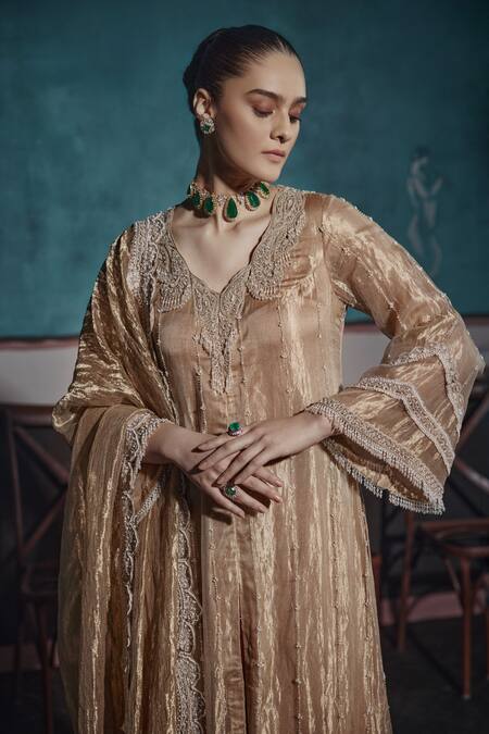 Buy Ridhima Bhasin Gold Silk, Tissue Cut Work, Embroidery, Pearls Kurta Sharara Set Online at Aza Fashions Buy_Ridhima Bhasin_Gold Silk, Tissue Cut Work, Embroidery, Pearls Kurta Sharara Set _Online_at_Aza_Fashions