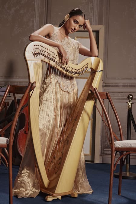 Ridhima Bhasin Gold Silk, Tissue Pearls, Cut Work, Draped Cutwork Embellished Lehenga Saree Online at Aza Fashions Ridhima Bhasin_Gold Silk, Tissue Pearls, Cut Work, Draped Cutwork Embellished Lehenga Saree _Online_at_Aza_Fashions