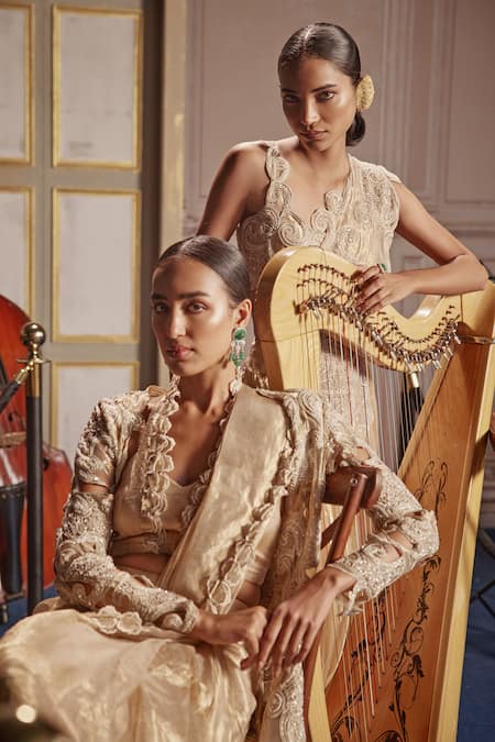 Buy Ridhima Bhasin Gold Silk, Tissue Pearls, Cut Work, Draped Cutwork Embellished Lehenga Saree Online at Aza Fashions Buy_Ridhima Bhasin_Gold Silk, Tissue Pearls, Cut Work, Draped Cutwork Embellished Lehenga Saree _Online_at_Aza_Fashions