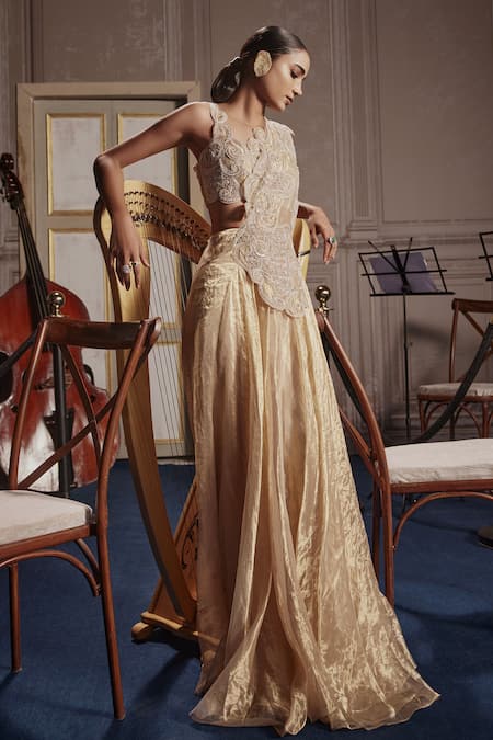 Shop Ridhima Bhasin Gold Silk, Tissue Pearls, Cut Work, Draped Cutwork Embellished Lehenga Saree Online at Aza Fashions Shop_Ridhima Bhasin_Gold Silk, Tissue Pearls, Cut Work, Draped Cutwork Embellished Lehenga Saree _Online_at_Aza_Fashions