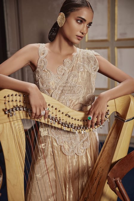 Ridhima Bhasin Gold Silk, Tissue Pearls, Cut Work, Draped Cutwork Embellished Lehenga Saree at Aza Fashions Ridhima Bhasin_Gold Silk, Tissue Pearls, Cut Work, Draped Cutwork Embellished Lehenga Saree _at_Aza_Fashions
