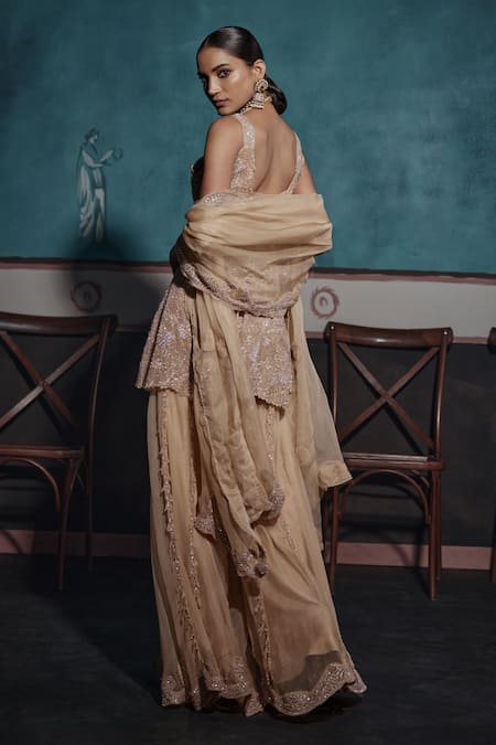 Shop Ridhima Bhasin Gold Tissue, Silk Embroidery, Sequins, Cut Work Square Peplum Kurta Sharara Set at Aza Fashions Shop_Ridhima Bhasin_Gold Tissue, Silk Embroidery, Sequins, Cut Work Square Peplum Kurta Sharara Set _at_Aza_Fashions