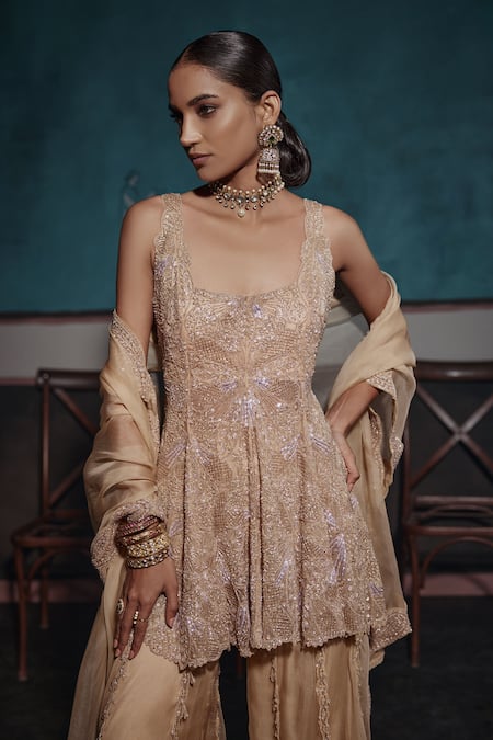 Ridhima Bhasin Gold Tissue, Silk Embroidery, Sequins, Cut Work Square Peplum Kurta Sharara Set Online at Aza Fashions Ridhima Bhasin_Gold Tissue, Silk Embroidery, Sequins, Cut Work Square Peplum Kurta Sharara Set _Online_at_Aza_Fashions