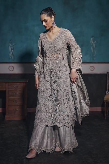 Ridhima Bhasin Silver Embellished Kurta Sharara Set 