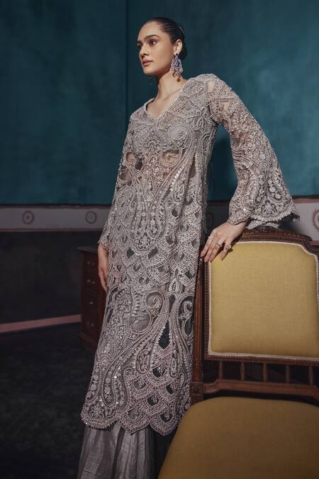 Ridhima Bhasin_Silver Silk, Net, Tissue Pearls, Sequins V-neck Embellished Kurta Sharara Set _Online_at_Aza_Fashions