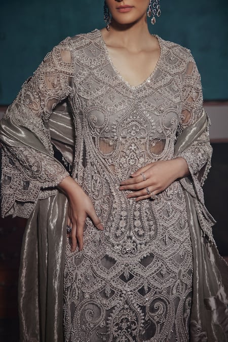 Buy_Ridhima Bhasin_Silver Silk, Net, Tissue Pearls, Sequins V-neck Embellished Kurta Sharara Set _Online_at_Aza_Fashions