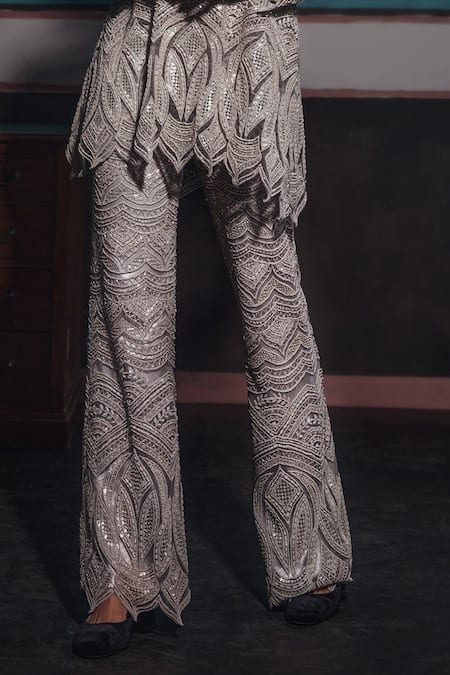 Ridhima Bhasin Silver Net Cut Work, Pearls, Sequins, Embroidered Scallop Cutwork Tunic Pant Set Online at Aza Fashions Ridhima Bhasin_Silver Net Cut Work, Pearls, Sequins, Embroidered Scallop Cutwork Tunic Pant Set _Online_at_Aza_Fashions