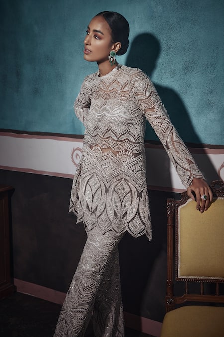Buy Ridhima Bhasin Silver Net Cut Work, Pearls, Sequins, Embroidered Scallop Cutwork Tunic Pant Set Online at Aza Fashions Buy_Ridhima Bhasin_Silver Net Cut Work, Pearls, Sequins, Embroidered Scallop Cutwork Tunic Pant Set _Online_at_Aza_Fashions