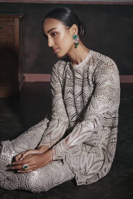 Shop Ridhima Bhasin Silver Net Cut Work, Pearls, Sequins, Embroidered Scallop Cutwork Tunic Pant Set Online at Aza Fashions Shop_Ridhima Bhasin_Silver Net Cut Work, Pearls, Sequins, Embroidered Scallop Cutwork Tunic Pant Set _Online_at_Aza_Fashions