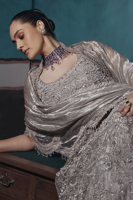 Buy_Ridhima Bhasin_Silver Tissue Pearls, Sequins Scoop Neck Scallop Embellished Lehenga Set _Online_at_Aza_Fashions