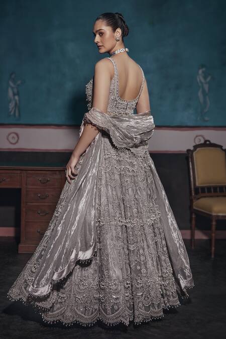Shop_Ridhima Bhasin_Silver Tissue Pearls, Sequins Scoop Neck Scallop Embellished Lehenga Set _Online_at_Aza_Fashions