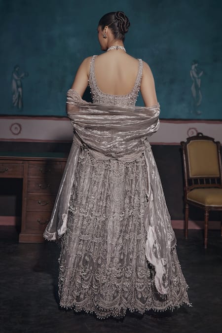 Ridhima Bhasin Silver Scallop Pearl Embellished Lehenga Set 