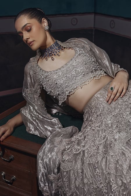 Ridhima Bhasin_Silver Tissue Pearls, Sequins Scoop Neck Scallop Embellished Lehenga Set _at_Aza_Fashions