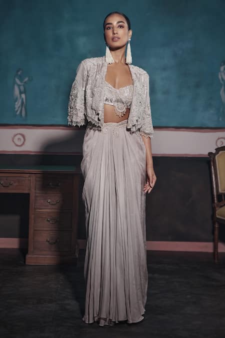 Ridhima Bhasin_Silver Chiffon, Tissue Pearls, Cut Work, Sequins Floral Embellished Cape Set _Online_at_Aza_Fashions