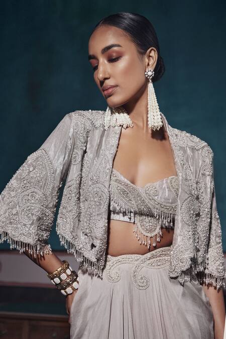 Buy_Ridhima Bhasin_Silver Chiffon, Tissue Pearls, Cut Work, Sequins Floral Embellished Cape Set _Online_at_Aza_Fashions
