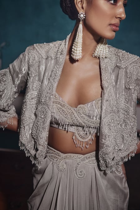 Shop_Ridhima Bhasin_Silver Chiffon, Tissue Pearls, Cut Work, Sequins Floral Embellished Cape Set _Online_at_Aza_Fashions