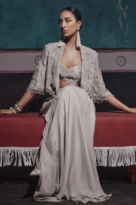 Ridhima Bhasin_Silver Chiffon, Tissue Pearls, Cut Work, Sequins Floral Embellished Cape Set _at_Aza_Fashions