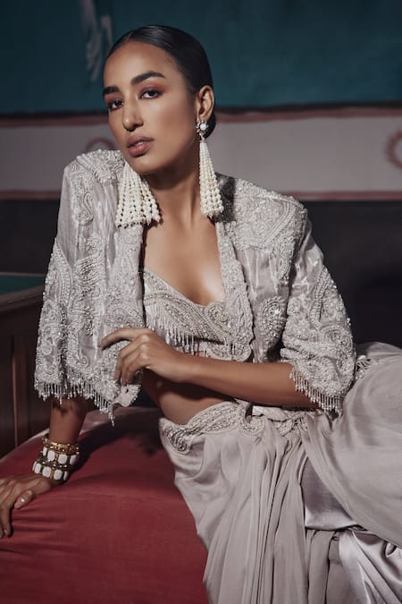 Buy_Ridhima Bhasin_Silver Chiffon, Tissue Pearls, Cut Work, Sequins Floral Embellished Cape Set 