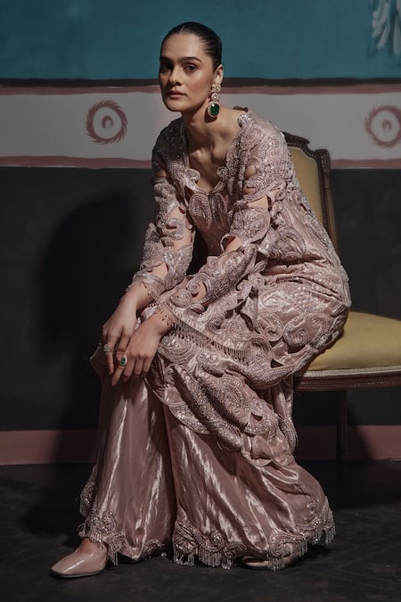 Ridhima Bhasin Beige Tissue Cut Work, Sequins, Crystals Cutwork Embellished Kurta And Palazzo Set Online at Aza Fashions Ridhima Bhasin_Beige Tissue Cut Work, Sequins, Crystals Cutwork Embellished Kurta And Palazzo Set _Online_at_Aza_Fashions