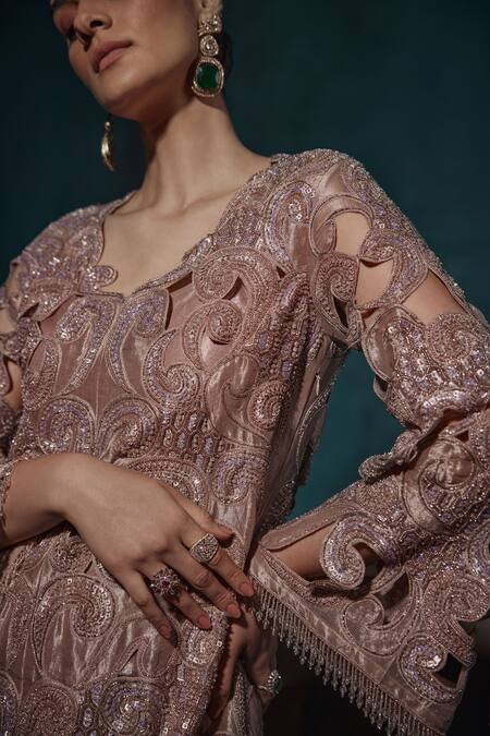 Ridhima Bhasin Beige Tissue Cut Work, Sequins, Crystals Cutwork Embellished Kurta And Palazzo Set at Aza Fashions Ridhima Bhasin_Beige Tissue Cut Work, Sequins, Crystals Cutwork Embellished Kurta And Palazzo Set _at_Aza_Fashions