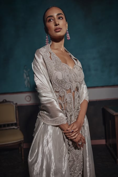 Ridhima Bhasin_Silver Net Sequins, Cut Work, Pearls Cutwork Peplum Kurta Set _Online_at_Aza_Fashions