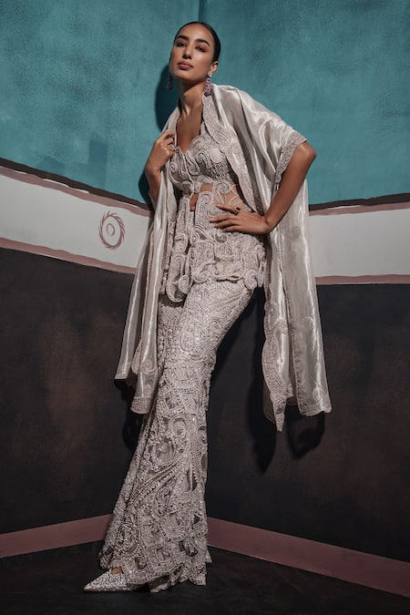 Buy_Ridhima Bhasin_Silver Net Sequins, Cut Work, Pearls Cutwork Peplum Kurta Set _Online_at_Aza_Fashions