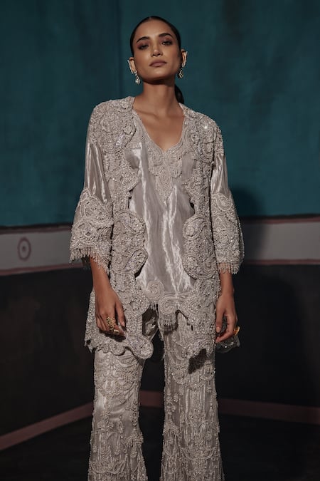 Buy Ridhima Bhasin Silver Silk, Tissue Cut Work, Pearls, Paisley Cutwork Jacket And Flared Pant Set Online at Aza Fashions Buy_Ridhima Bhasin_Silver Silk, Tissue Cut Work, Pearls, Paisley Cutwork Jacket And Flared Pant Set _Online_at_Aza_Fashions