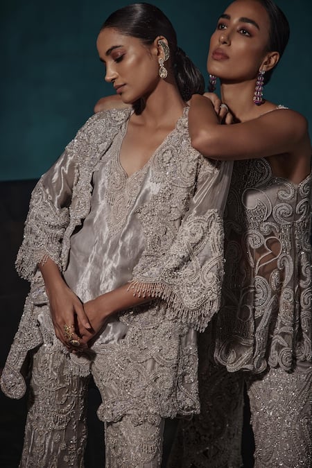 Shop Ridhima Bhasin Silver Silk, Tissue Cut Work, Pearls, Paisley Cutwork Jacket And Flared Pant Set Online at Aza Fashions Shop_Ridhima Bhasin_Silver Silk, Tissue Cut Work, Pearls, Paisley Cutwork Jacket And Flared Pant Set _Online_at_Aza_Fashions