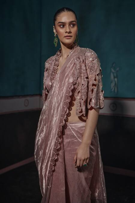 Ridhima Bhasin Beige Tissue Sequins, Cut Work Halter Neck, Embellished Frilled Border Saree Set Online at Aza Fashions Ridhima Bhasin_Beige Tissue Sequins, Cut Work Halter Neck, Embellished Frilled Border Saree Set _Online_at_Aza_Fashions