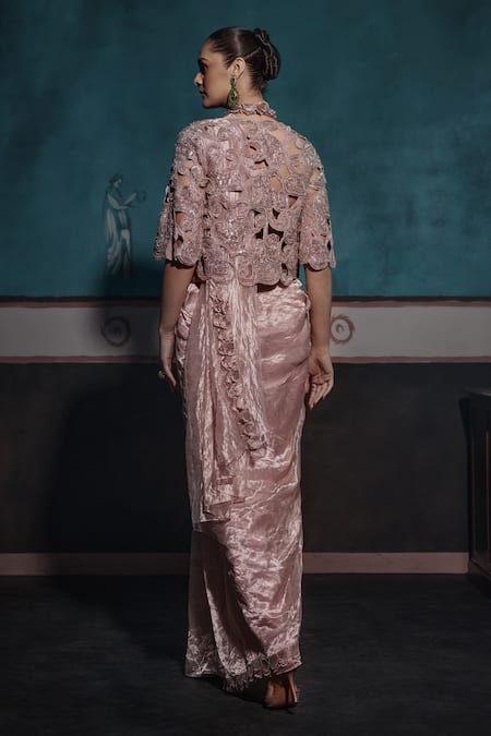 Shop Ridhima Bhasin Beige Tissue Sequins, Cut Work Halter Neck, Embellished Frilled Border Saree Set at Aza Fashions Shop_Ridhima Bhasin_Beige Tissue Sequins, Cut Work Halter Neck, Embellished Frilled Border Saree Set _at_Aza_Fashions