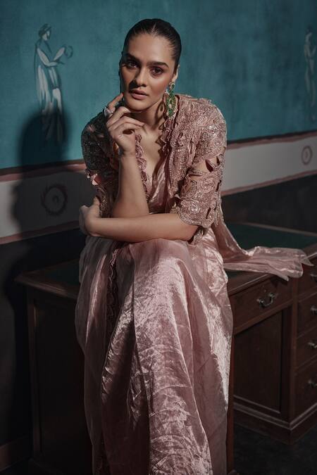 Buy Ridhima Bhasin Beige Tissue Sequins, Cut Work Halter Neck, Embellished Frilled Border Saree Set Online at Aza Fashions Buy_Ridhima Bhasin_Beige Tissue Sequins, Cut Work Halter Neck, Embellished Frilled Border Saree Set _Online_at_Aza_Fashions