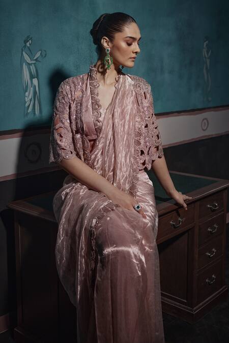 Shop Ridhima Bhasin Beige Tissue Sequins, Cut Work Halter Neck, Embellished Frilled Border Saree Set Online at Aza Fashions Shop_Ridhima Bhasin_Beige Tissue Sequins, Cut Work Halter Neck, Embellished Frilled Border Saree Set _Online_at_Aza_Fashions