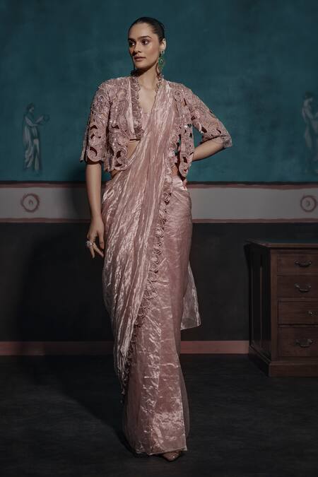 Ridhima Bhasin Beige Tissue Sequins, Cut Work Halter Neck, Embellished Frilled Border Saree Set at Aza Fashions Ridhima Bhasin_Beige Tissue Sequins, Cut Work Halter Neck, Embellished Frilled Border Saree Set _at_Aza_Fashions