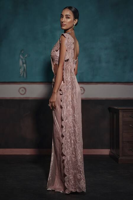 Ridhima Bhasin Rose Gold Silk, Tissue Cut Work, Cutwork Embellished Pre-draped Saree Set Online at Aza Fashions Ridhima Bhasin_Rose Gold Silk, Tissue Cut Work, Cutwork Embellished Pre-draped Saree Set _Online_at_Aza_Fashions