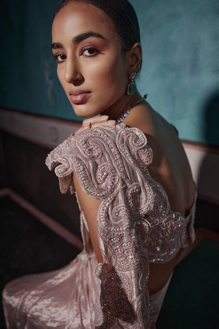 Shop Ridhima Bhasin Rose Gold Silk, Tissue Cut Work, Cutwork Embellished Pre-draped Saree Set Online at Aza Fashions Shop_Ridhima Bhasin_Rose Gold Silk, Tissue Cut Work, Cutwork Embellished Pre-draped Saree Set _Online_at_Aza_Fashions