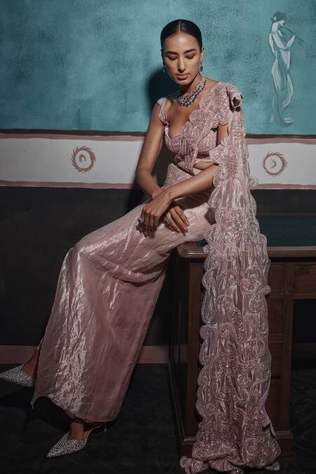 Buy Ridhima Bhasin Rose Gold Silk, Tissue Cut Work, Cutwork Embellished Pre-draped Saree Set Buy_Ridhima Bhasin_Rose Gold Silk, Tissue Cut Work, Cutwork Embellished Pre-draped Saree Set