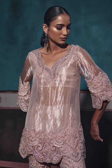 Ridhima Bhasin Beige Tissue Cut Work, Sequins, Crystals Embroidered Tunic And Flared Pant Set Online at Aza Fashions Ridhima Bhasin_Beige Tissue Cut Work, Sequins, Crystals Embroidered Tunic And Flared Pant Set _Online_at_Aza_Fashions