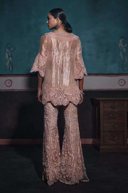 Shop Ridhima Bhasin Beige Tissue Cut Work, Sequins, Crystals Embroidered Tunic And Flared Pant Set at Aza Fashions Shop_Ridhima Bhasin_Beige Tissue Cut Work, Sequins, Crystals Embroidered Tunic And Flared Pant Set _at_Aza_Fashions