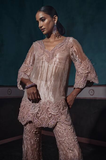 Shop Ridhima Bhasin Beige Tissue Cut Work, Sequins, Crystals Embroidered Tunic And Flared Pant Set Online at Aza Fashions Shop_Ridhima Bhasin_Beige Tissue Cut Work, Sequins, Crystals Embroidered Tunic And Flared Pant Set _Online_at_Aza_Fashions